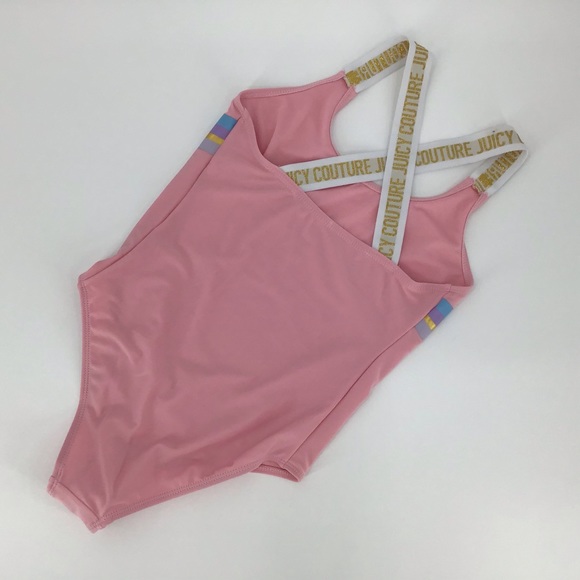 Juicy Couture Girl's NWT Pink One Piece Logo Gold Cross Strap Swimsuit, 14/16 - Picture 2 of 14